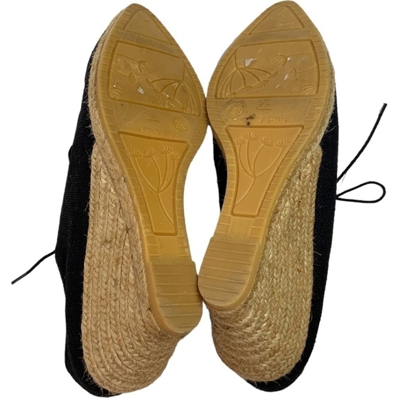 ATELIERS Black Leather Backed Canvas Pointy Toe Lace Up Espadrille Wedges Sz 8.5 - Picture 6 of 10